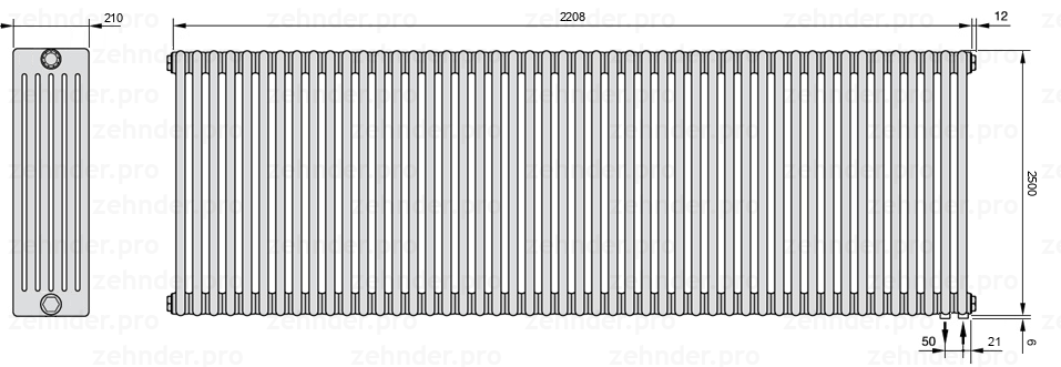 Схема (чертеж) Радиатор Zehnder Charleston 6250/48 №5510 Белый глянцевый RAL 9016